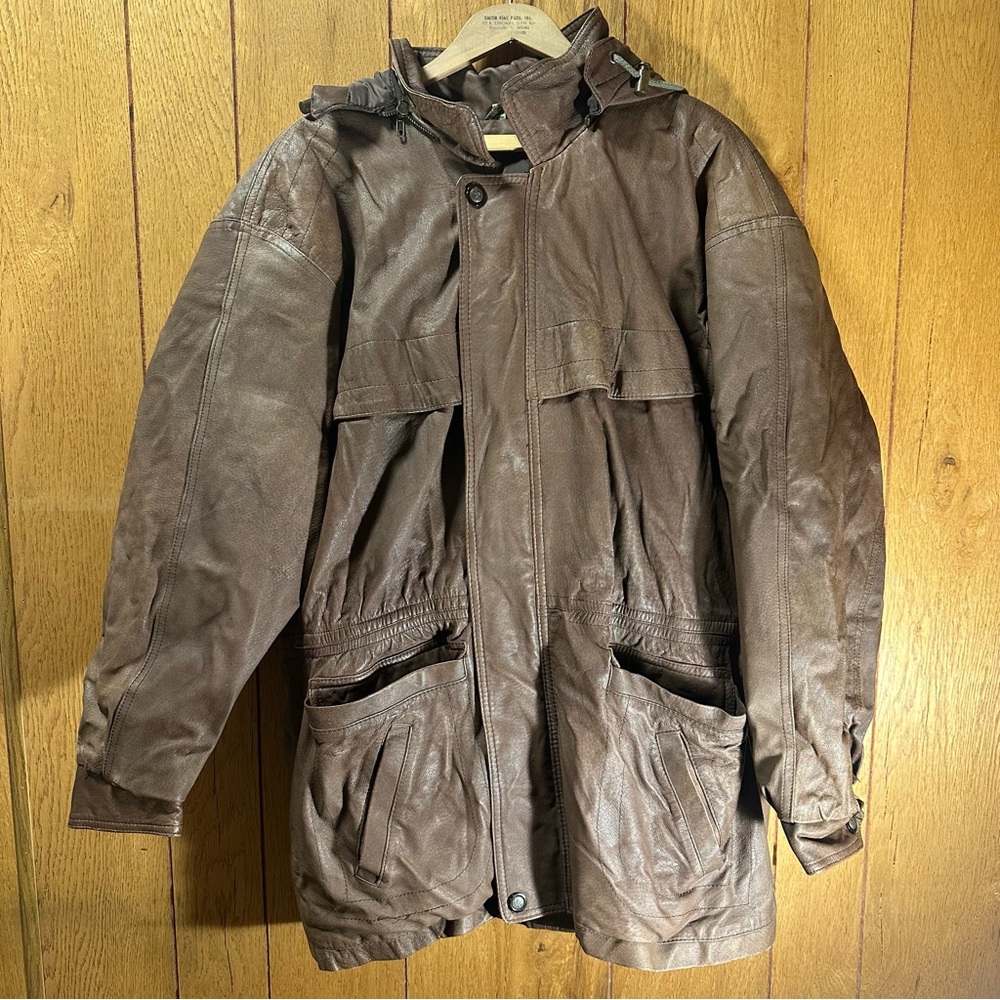 VTG 90s Midwest Traders Coat Mens Large Leather Jacket Full Zip Removable Hood